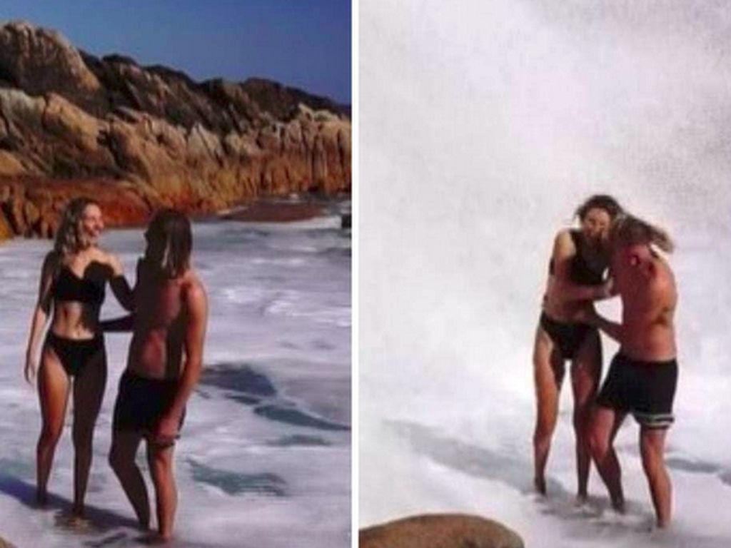 Lagi Asyik Foto di Pantai, Eh Pasutri Ini Malah Dihantam Ombak