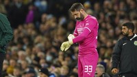 Dengan City sudah unggul 5-0 di markas Sporting, Scott Carson pun diberikan kesempatan tampil. Foto: AP/Dave Thompson