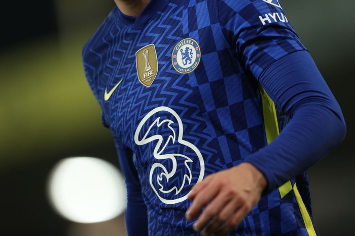 NORWICH, ENGLAND - MARCH 10: A detailed view of the Chelsea home shirt, featuring the Three logo during the Premier League match between Norwich City and Chelsea at Carrow Road on March 10, 2022 in Norwich, England. (Photo by Julian Finney/Getty Images)