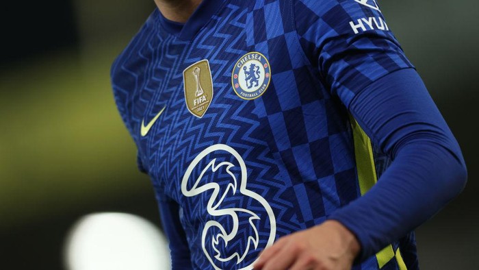 NORWICH, ENGLAND - MARCH 10: A detailed view of the Chelsea home shirt, featuring the Three logo during the Premier League match between Norwich City and Chelsea at Carrow Road on March 10, 2022 in Norwich, England. (Photo by Julian Finney/Getty Images)