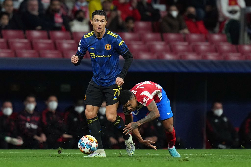 MADRID, SPAIN - FEBRUARY 23: Cristiano Ronaldo of Manchester United looks on during the UEFA Champions League Round Of Sixteen Leg One match between Atletico Madrid and Manchester United at Wanda Metropolitano on February 23, 2022 in Madrid, Spain. (Photo by Angel Martinez/Getty Images)