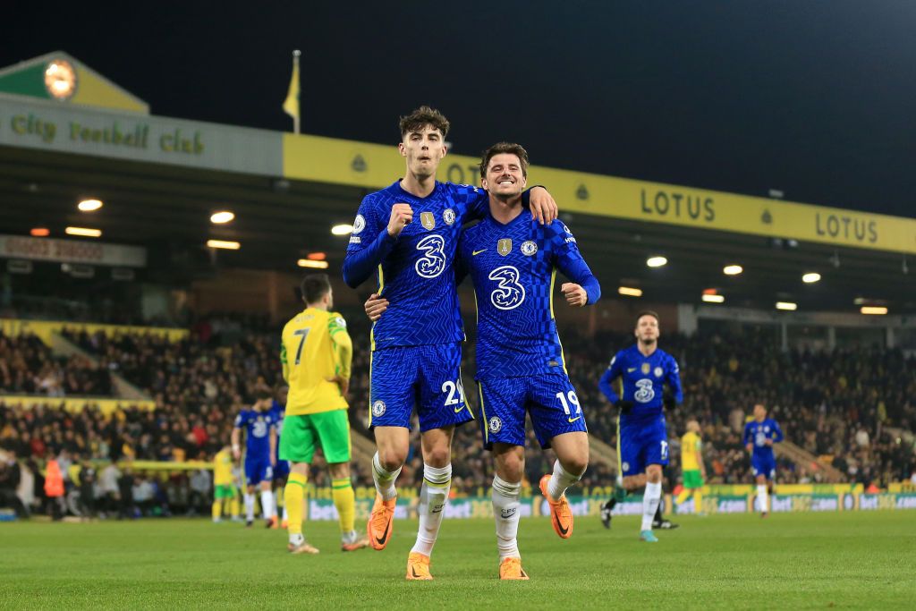 NORWICH, ENGLAND - MARCH 10: Kai Havertz of Chelsea is challenged by Mathias Normann of Norwich City during the Premier League match between Norwich City and Chelsea at Carrow Road on March 10, 2022 in Norwich, England. (Photo by Julian Finney/Getty Images)