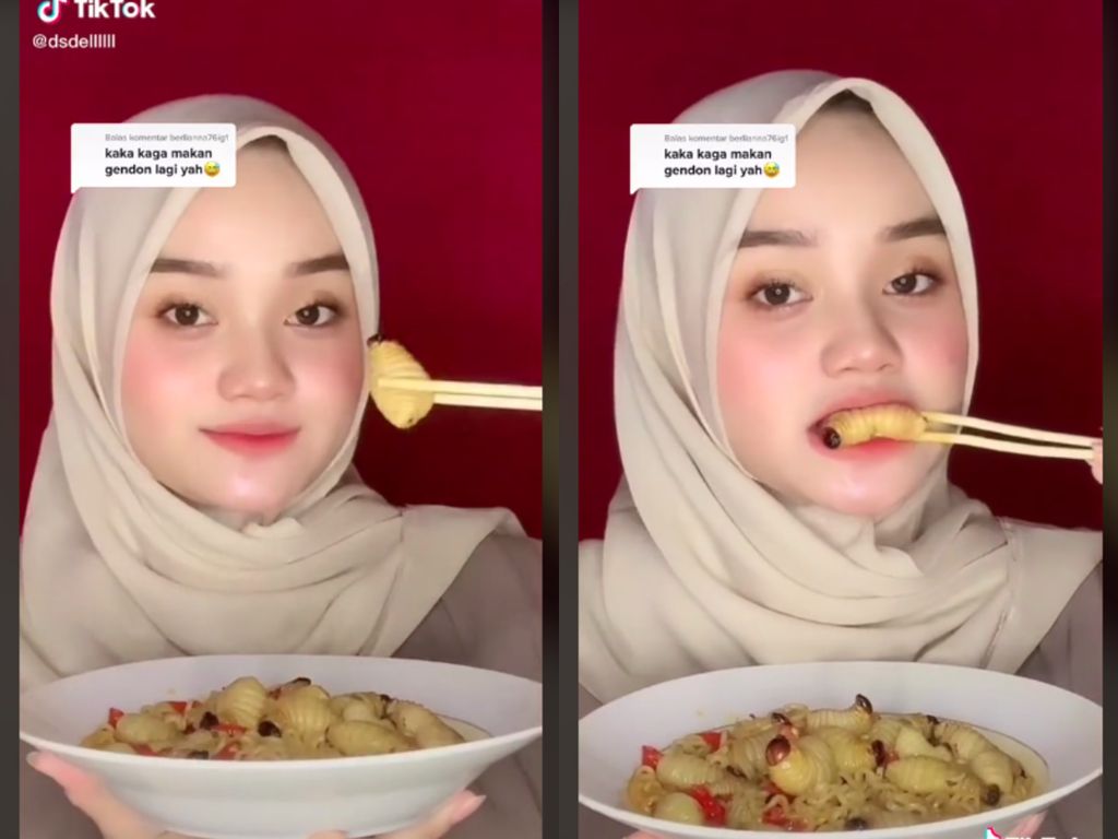 Ekstrem! Wanita Ini Makan Mie Instan pakai Topping Ulat Sagu