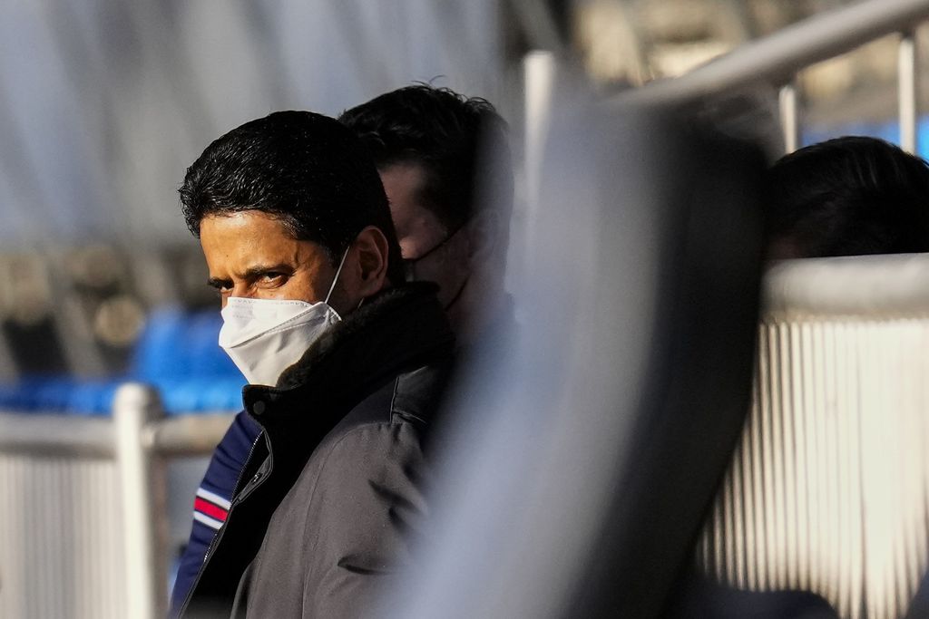 PSG President Nasser Al-Khelaifi watches the training session at the Bernabeu stadium in Madrid, Spain, Tuesday, March 8, 2022. Real Madrid will play its Champions League soccer match against Paris Saint-Germain on Wednesday. (AP Photo/Manu Fernandez)