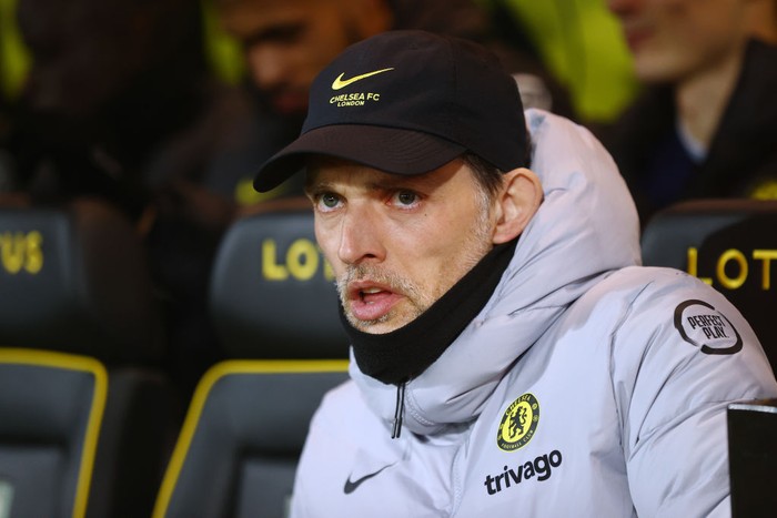 NORWICH, ENGLAND - MARCH 10: Thomas Tuchel, Manager of Chelsea looks on prior to the Premier League match between Norwich City and Chelsea at Carrow Road on March 10, 2022 in Norwich, England. (Photo by Julian Finney/Getty Images)