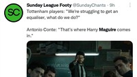 Manajer Tottenham, Antonio Conte, pasti menginstruksikan pemainnya mencari posisi Harry Maguire di lapangan, karena dianggap titik lemah MU. (Foto: Twitter @SundayChants)