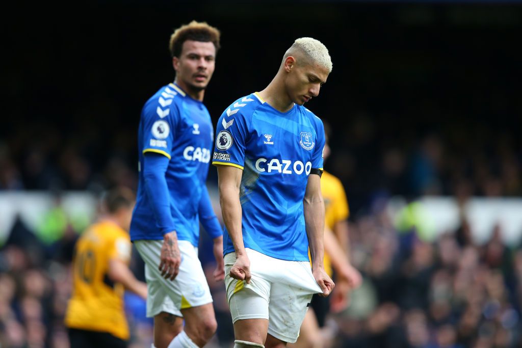 LIVERPOOL, ENGLAND - MARCH 13: Richarlison of Everton reacts during the Premier League match between Everton and Wolverhampton Wanderers at Goodison Park on March 13, 2022 in Liverpool, England. (Photo by Alex Livesey/Getty Images)
