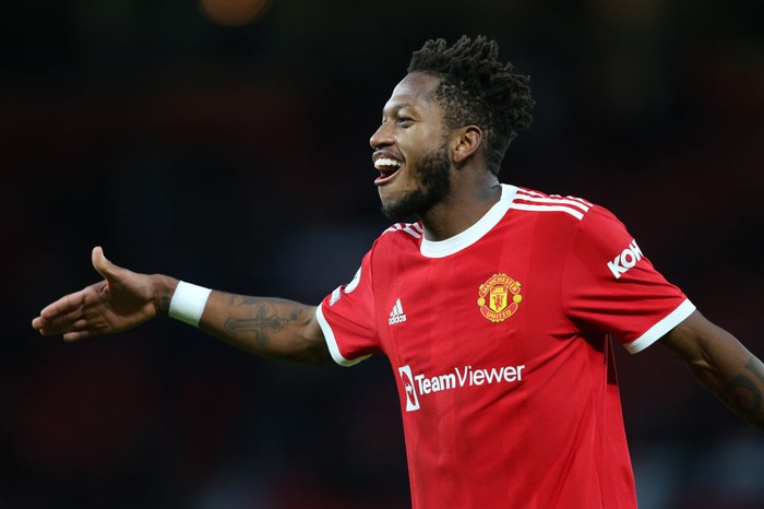 MANCHESTER, ENGLAND - DECEMBER 05:  Fred of Manchester United celebrates at the full time whistle after the Premier League match between Manchester United and Crystal Palace at Old Trafford on December 05, 2021 in Manchester, England. (Photo by Alex Livesey/Getty Images)