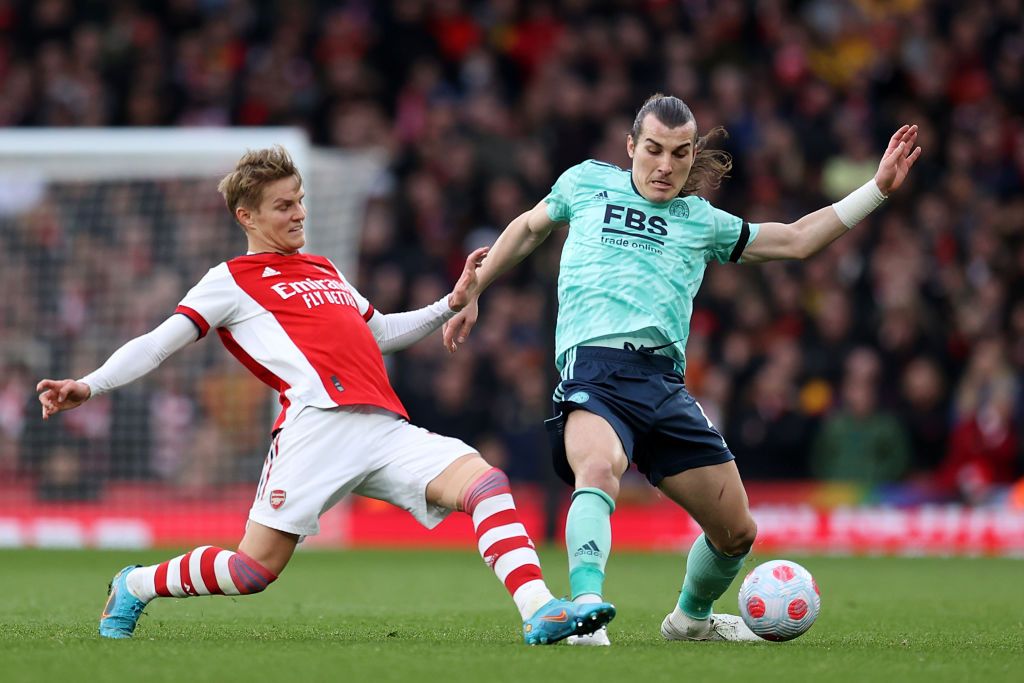 LONDON, ENGLAND - MARCH 13: Martin Odegaard of Arsenal celebrates victory following the Premier League match between Arsenal and Leicester City at Emirates Stadium on March 13, 2022 in London, England. (Photo by Catherine Ivill/Getty Images)