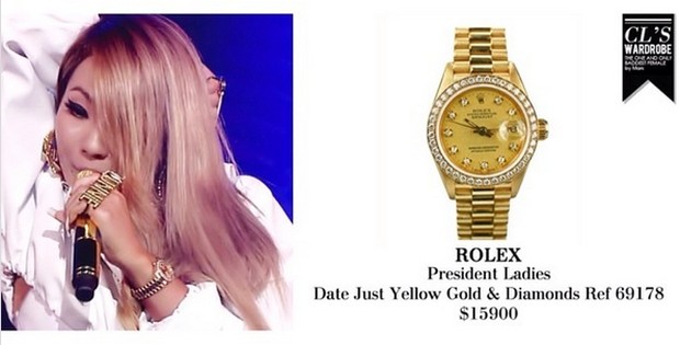 CL mengenakan jam tangan Rolex varian President Ladies Date Just yellow gold