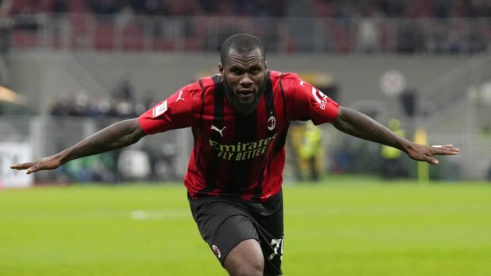 AC Milans Franck Kessie celebrates after scoring his sides fourth goal during the Italian Cup quarter final match between AC Milan and Lazio at the San Siro stadium, in Milan, Italy, Wednesday, Feb. 9, 2022. (AP Photo/Antonio Calanni)