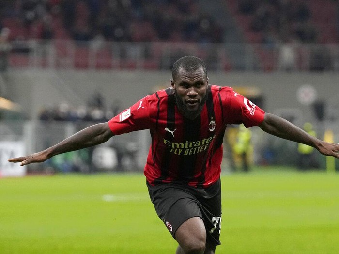 AC Milan's Franck Kessie celebrates after scoring his side's fourth goal during the Italian Cup quarter final match between AC Milan and Lazio at the San Siro stadium, in Milan, Italy, Wednesday, Feb. 9, 2022. (AP Photo/Antonio Calanni)