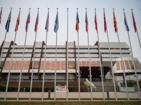 This photograph, taken on March 16, 2022 shows an empty flag pole in front of the Council of Europe, in Strasbourg, eastern France, after the russian flag has been removed. - Russia on March 16, 2022 ceased to be a member of the Council of Europe after over a quarter of a century of membership in the pan-European rights body, the council said in a statement. (Photo by PATRICK HERTZOG / AFP)