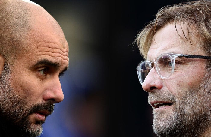 FILE PHOTO (EDITORS NOTE: COMPOSITE OF IMAGES - Image numbers 911384050,856402376 - GRADIENT ADDED) In this composite image a comparison has been made between Josep Guardiola, Manager of Manchester City (L) and Liverpool manager Jurgen Klopp. Manchester City and Liverpool FC meet in a Premier League fixture at the Etihad Stadium on January 3, 2019 in Manchester. ***LEFT IMAGE*** CARDIFF, WALES - JANUARY 28: Josep Guardiola, Manager of Manchester City looks on prior to The Emirates FA Cup Fourth Round between Cardiff City and Manchester City on January 28, 2018 in Cardiff, United Kingdom. (Photo by Harry Trump/Getty Images) ***RIGHT IMAGE*** NEWCASTLE UPON TYNE, ENGLAND - OCTOBER 01: Liverpool manager Jurgen Klopp looks on during the Premier League match between Newcastle United and Liverpool at St. James Park on October 1, 2017 in Newcastle upon Tyne, England. (Photo by Ian MacNicol/Getty Images)