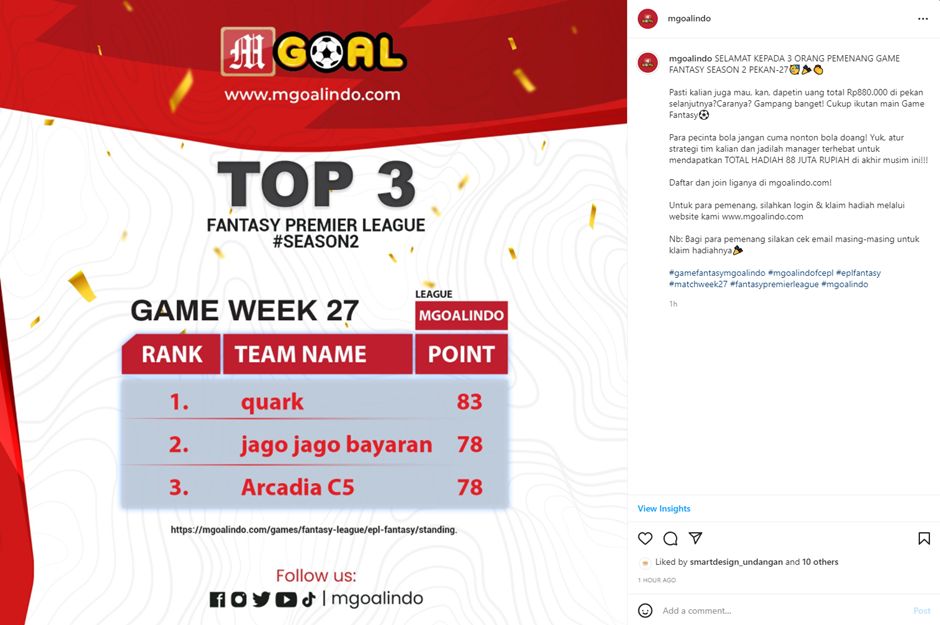 Inilah Para Juara EPL Fantasy League Season 2 Game Week 27!