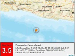 Gempa M 3,5 Guncang Laut Selatan Gunungkidul