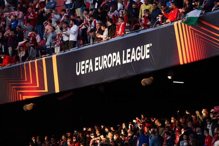 SEVILLE, SPAIN - MARCH 10: The UEFA Europa League logo is seen during the UEFA Europa League Round of 16 Leg One match between Sevilla FC and West Ham United at Estadio Ramon Sanchez Pizjuan on March 10, 2022 in Seville, Spain. (Photo by Fran Santiago/Getty Images)