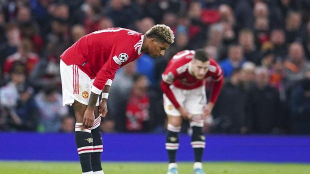 Manchester United's Marcus Rashford reacts during the Champions League round of 16, second leg soccer match between Manchester United and Atletico Madrid at Old Trafford, Manchester, England, Tuesday, March 15, 2022. (AP Photo/Dave Thompson)