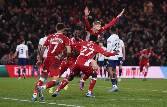 MIDDLESBROUGH, ENGLAND - MARCH 01: Josh Coburn of Middlesbrough celebrates after scoring the first goal during the Emirates FA Cup Fifth Round match between Middlesbrough and Tottenham Hotspur at Riverside Stadium on March 01, 2022 in Middlesbrough, England. (Photo by Stu Forster/Getty Images)