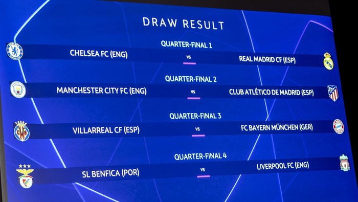 The match fixtures are shown on an electronic panel during the UEFA Champions League 2021/22 round of quarter-final, semi-final and final draw, at the UEFA Headquarters in Nyon, Switzerland, Friday, March 18, 2022. (Martial Trezzini/Keystone via AP)