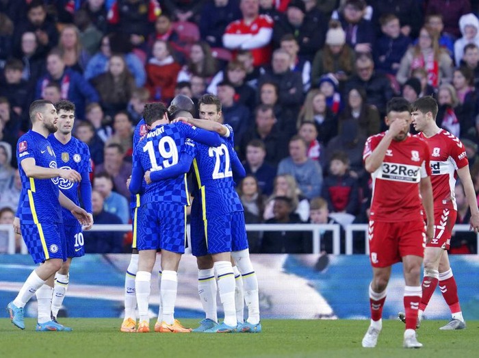 Chelsea's goalkeeper Edouard Mendy saves ball during the English FA Cup quarter final soccer match between Middlesbrough and Chelsea at the Riverside Stadium, in Middlesbrough, England, Saturday March 19, 2022. (AP Photo/Jon Super)