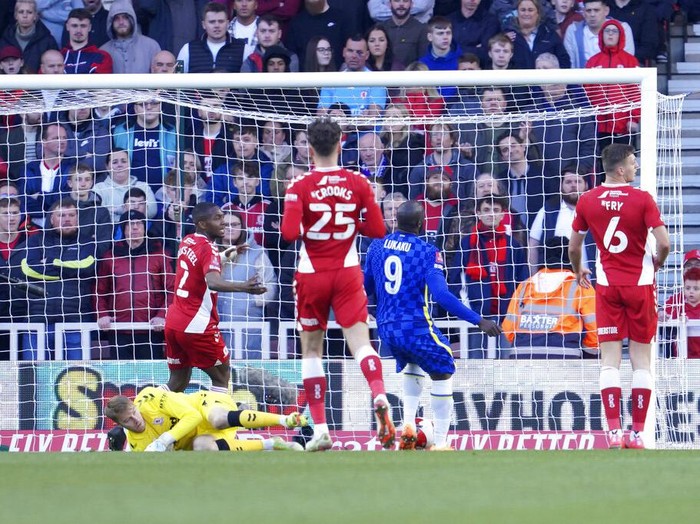 Chelsea's goalkeeper Edouard Mendy saves ball during the English FA Cup quarter final soccer match between Middlesbrough and Chelsea at the Riverside Stadium, in Middlesbrough, England, Saturday March 19, 2022. (AP Photo/Jon Super)