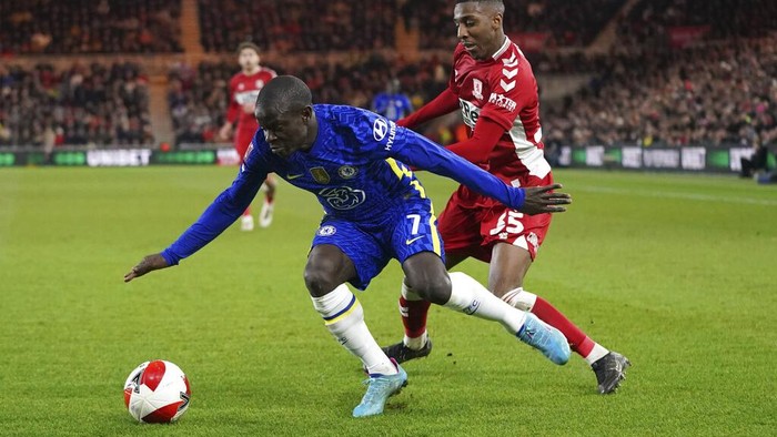 Chelsea's goalkeeper Edouard Mendy saves ball during the English FA Cup quarter final soccer match between Middlesbrough and Chelsea at the Riverside Stadium, in Middlesbrough, England, Saturday March 19, 2022. (AP Photo/Jon Super)