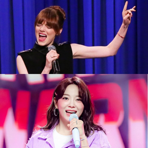 Potret Emma Stone dan Kim Se Jeong sedang menyanyi