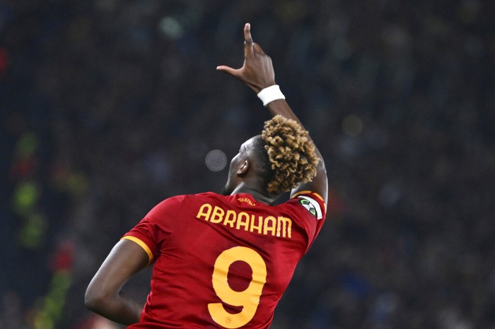 Romas Tammy Abraham celebrates after scoring a goal during the Europa Conference League soccer match between Roma and Vitesse at Romes Olympic stadium, Thursday, March 17, 2022. (Alfredo Falcone/LaPresse via AP)
