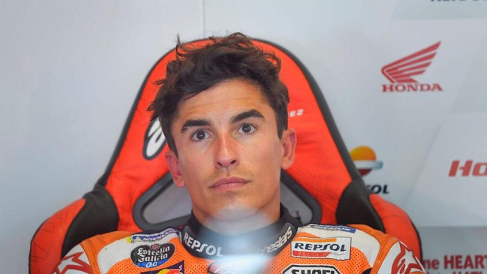 SPIELBERG, AUSTRIA - AUGUST 06: Marc Marquez of Spain and Repsol Honda Team looks on in box during the MotoGP of Styria - Free Practice at Red Bull Ring on August 06, 2021 in Spielberg, Austria. (Photo by Mirco Lazzari gp/Getty Images)