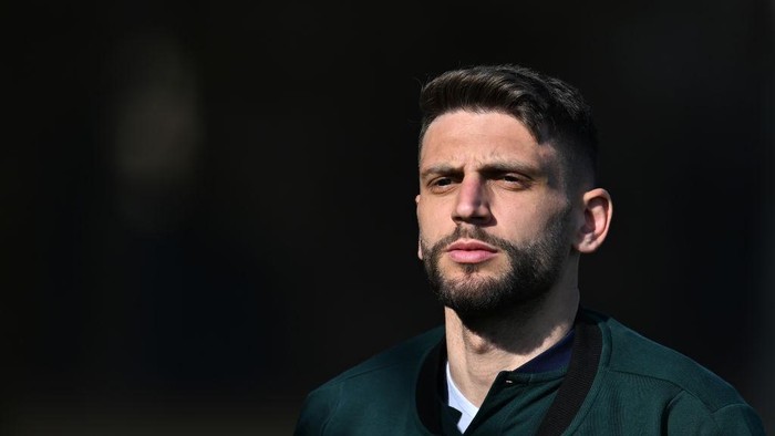 FLORENCE, ITALY - MARCH 21: Domenico Berardi of Italy in action during a Italy training session at Centro Tecnico Federale di Coverciano on March 21, 2022 in Florence, Italy. (Photo by Claudio Villa/Getty Images)