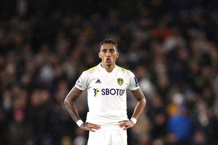 Raphinha LEEDS, ENGLAND - NOVEMBER 30: Raphinha of Leeds United reacts during the Premier League match between Leeds United and Crystal Palace at Elland Road on November 30, 2021 in Leeds, England. (Photo by George Wood/Getty Images)