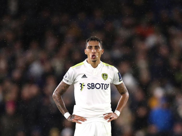 LEEDS, ENGLAND - NOVEMBER 30: Raphinha of Leeds United reacts during the Premier League match between Leeds United  and  Crystal Palace at Elland Road on November 30, 2021 in Leeds, England. (Photo by George Wood/Getty Images)