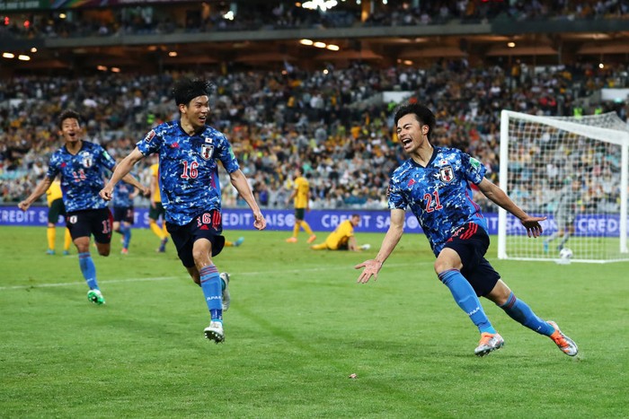 SYDNEY, AUSTRALIA - MARCH 24: Kaoru Mitoma of Japan celebrates scoring a goal during the FIFA World Cup Qatar 2022 AFC Asian Qualifying match between the Australia Socceroos and Japan at Accor Stadium on March 24, 2022 in Sydney, Australia. (Photo by Mark Metcalfe/Getty Images)
