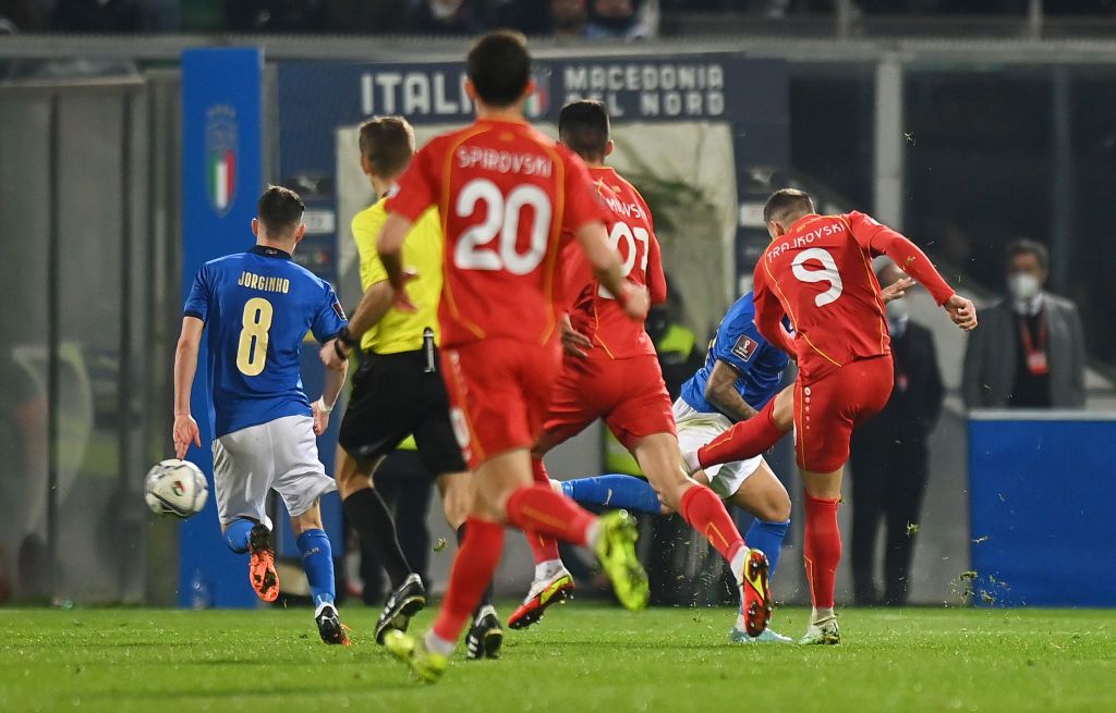 PALERMO, ITALY - MARCH 24: Aleksandar Trajkovski of North Macedonia scores their side's first goal during the 2022 FIFA World Cup Qualifier knockout round play-off match between Italy and North Macedonia at Stadio Renzo Barbera on March 24, 2022 in Palermo, Italy. (Photo by Tullio M. Puglia/Getty Images)