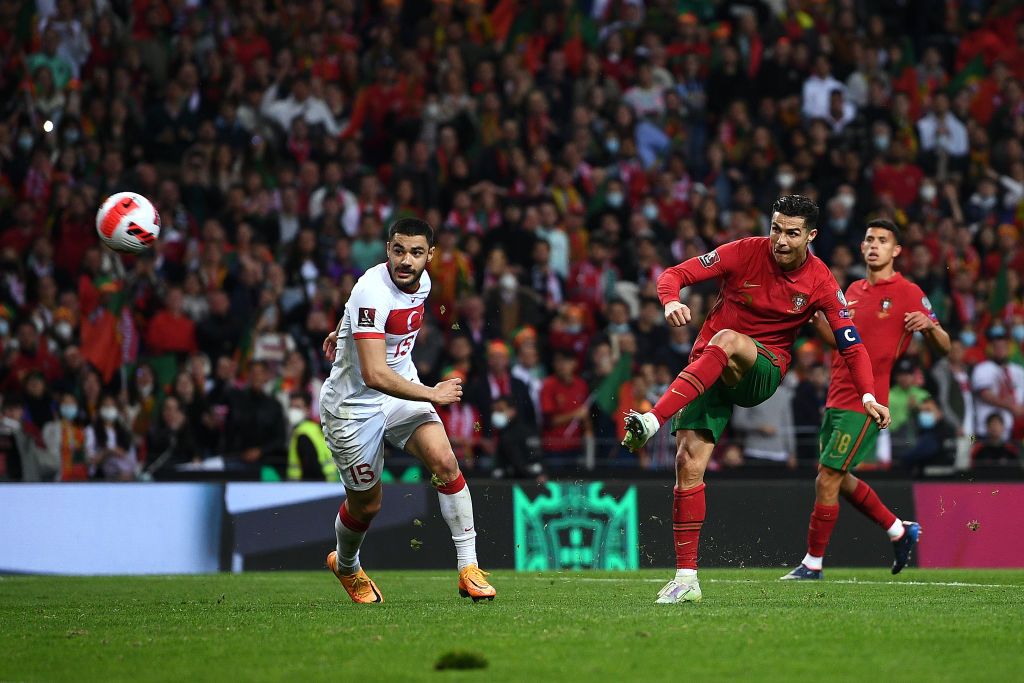 PORTO, PORTUGAL - MARCH 24:  Cristiano Ronaldo of Portugal looks on during the 2022 FIFA World Cup Qualifier knockout round play-off match between Portugal and Turkey at Estadio do Dragao on March 24, 2022 in Porto, Porto. (Photo by Octavio Passos/Getty Images)