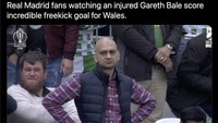 Begini kali ya ekspresi fans Real Madrid melihat Bale ternyata bisa main dan malah jadi bintang Wales lagi. Foto: dok. Twitter