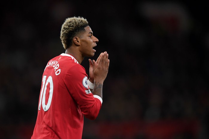 MANCHESTER, ENGLAND - MARCH 12: Marcus Rashford of Manchester United reacts during the Premier League match between Manchester United and Tottenham Hotspur at Old Trafford on March 12, 2022 in Manchester, England. (Photo by Michael Regan/Getty Images)