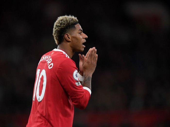 MANCHESTER, ENGLAND - MARCH 12: Marcus Rashford of Manchester United reacts during the Premier League match between Manchester United and Tottenham Hotspur at Old Trafford on March 12, 2022 in Manchester, England. (Photo by Michael Regan/Getty Images)