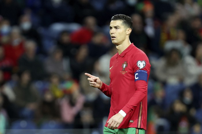 Portugals Cristiano Ronaldo gestures during the World Cup 2022 playoff soccer match between Portugal and Turkey, at the Dragao stadium in Porto, Portugal, Thursday, March 24, 2022. (AP Photo/Luis Vieira)