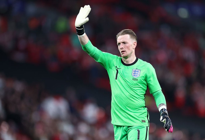 LONDON, ENGLAND - MARCH 26:  Jordan Pickford of England looks on during the international friendly match between England and Switzerland at Wembley Stadium on March 26, 2022 in London, England. (Photo by Ryan Pierse/Getty Images)