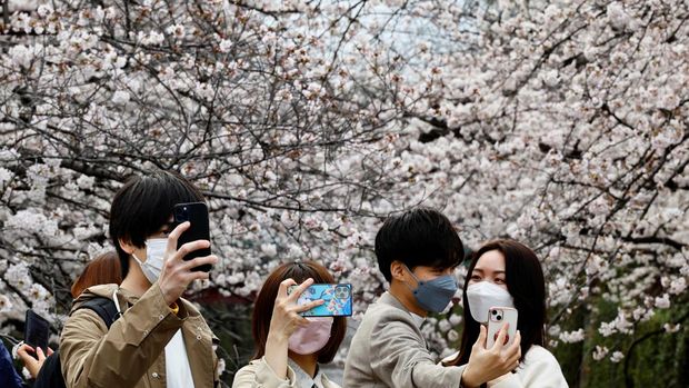 People take selfies with blooming cherry blossoms along the Meguro river in Tokyo, Japan, March 27, 2022. REUTERS/Kim Kyung-Hoon