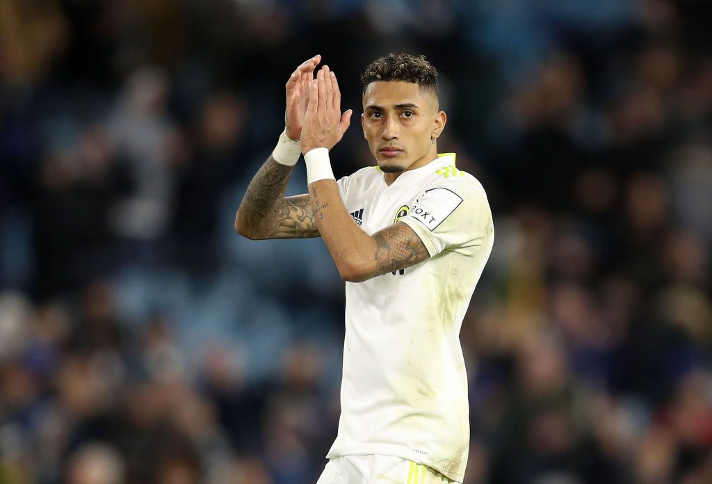 LEEDS, ENGLAND - JANUARY 22: Raphinha of Leeds United applauds fans after their sides defeat during the Premier League match between Leeds United and Newcastle United at Elland Road on January 22, 2022 in Leeds, England. (Photo by George Wood/Getty Images)