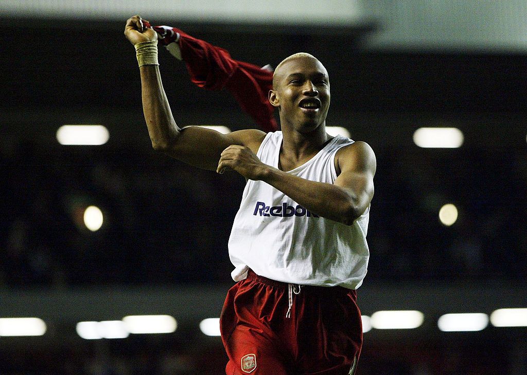 LIVERPOOL - DECEMBER 4:  El Hadji Diouf of Liverpool celebrates after scoring the winning penalty during the Liverpool v Ipswich Town Worthington Cup, Fourth Round match at Anfield on December 4, 2002 in Liverpool, England. (Photo by Alex Livesey/Getty Images)