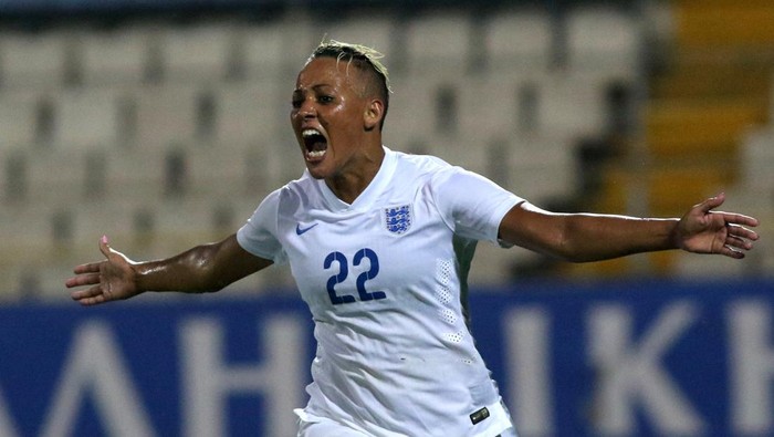 LARNACA, CYPRUS - MARCH 11: Englands Lianne Sanderson celebrates after scoring a goal at the Cyprus Cup final match between England and Canada at GSZ stadium on March 11, 2015 in Larnaca, Cyprus. (Photo by Getty Images)