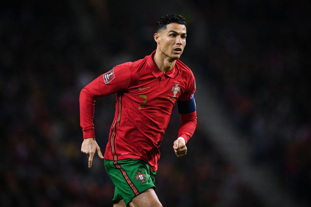 PORTO, PORTUGAL - MARCH 29: Cristiano Ronaldo of Portugal in action during the 2022 FIFA World Cup Qualifier knockout round play-off match between Portugal and North Macedonia at Estadio do Dragao on March 29, 2022 in Porto, Porto. (Photo by Octavio Passos/Getty Images)