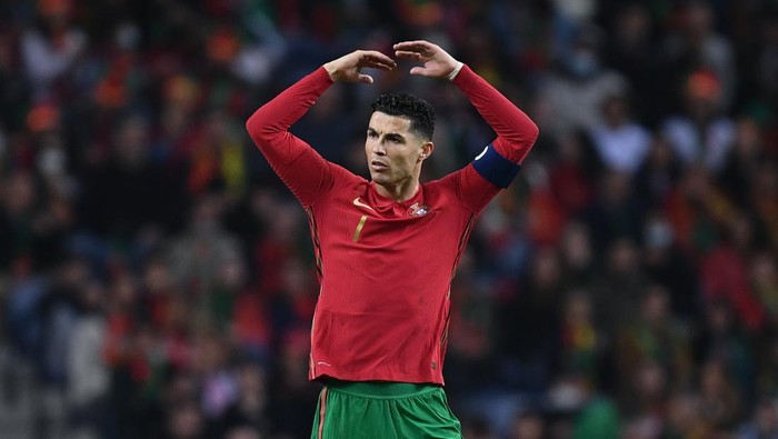 PORTO, PORTUGAL - MARCH 29: Cristiano Ronaldo of Portugal reacts during the 2022 FIFA World Cup Qualifier knockout round play-off match between Portugal and North Macedonia at Estadio do Dragao on March 29, 2022 in Porto, Portugal. (Photo by Octavio Passos/Getty Images)