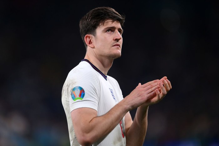 LONDON, ENGLAND - JULY 11: Harry Maguire of England acknowledges the fans following the UEFA Euro 2020 Championship Final between Italy and England at Wembley Stadium on July 11, 2021 in London, England. (Photo by Laurence Griffiths/Getty Images)