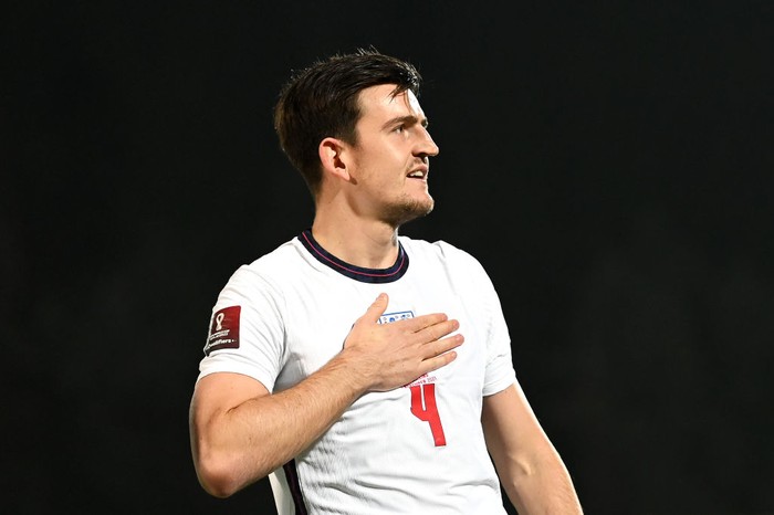 SERRAVALLE, SAN MARINO - NOVEMBER 15: Harry Maguire of England celebrates after scoring their teams first goal during the 2022 FIFA World Cup Qualifier match between San Marino and England at San Marino Stadium on November 15, 2021 in Serravalle, San Marino. (Photo by Alessandro Sabattini/Getty Images)
