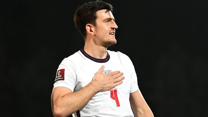 SERRAVALLE, SAN MARINO - NOVEMBER 15: Harry Maguire of England celebrates after scoring their teams first goal during the 2022 FIFA World Cup Qualifier match between San Marino and England at San Marino Stadium on November 15, 2021 in Serravalle, San Marino. (Photo by Alessandro Sabattini/Getty Images)